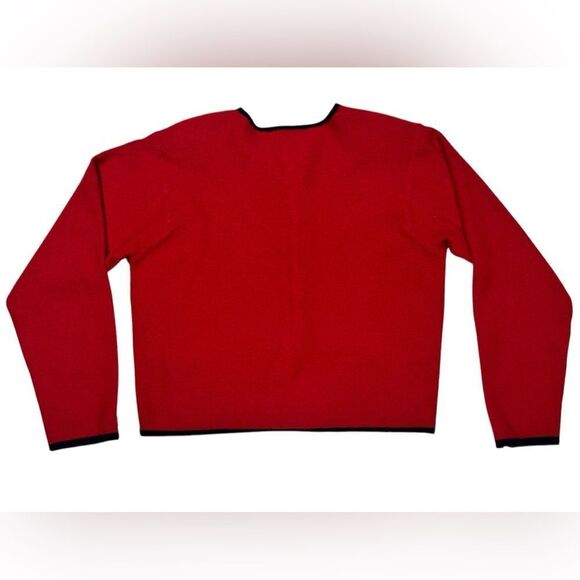 Lord & Taylor 100% Merino Wool Cropped Red Sweater Black Trim Cardigan Button Up - Picture 4 of 9